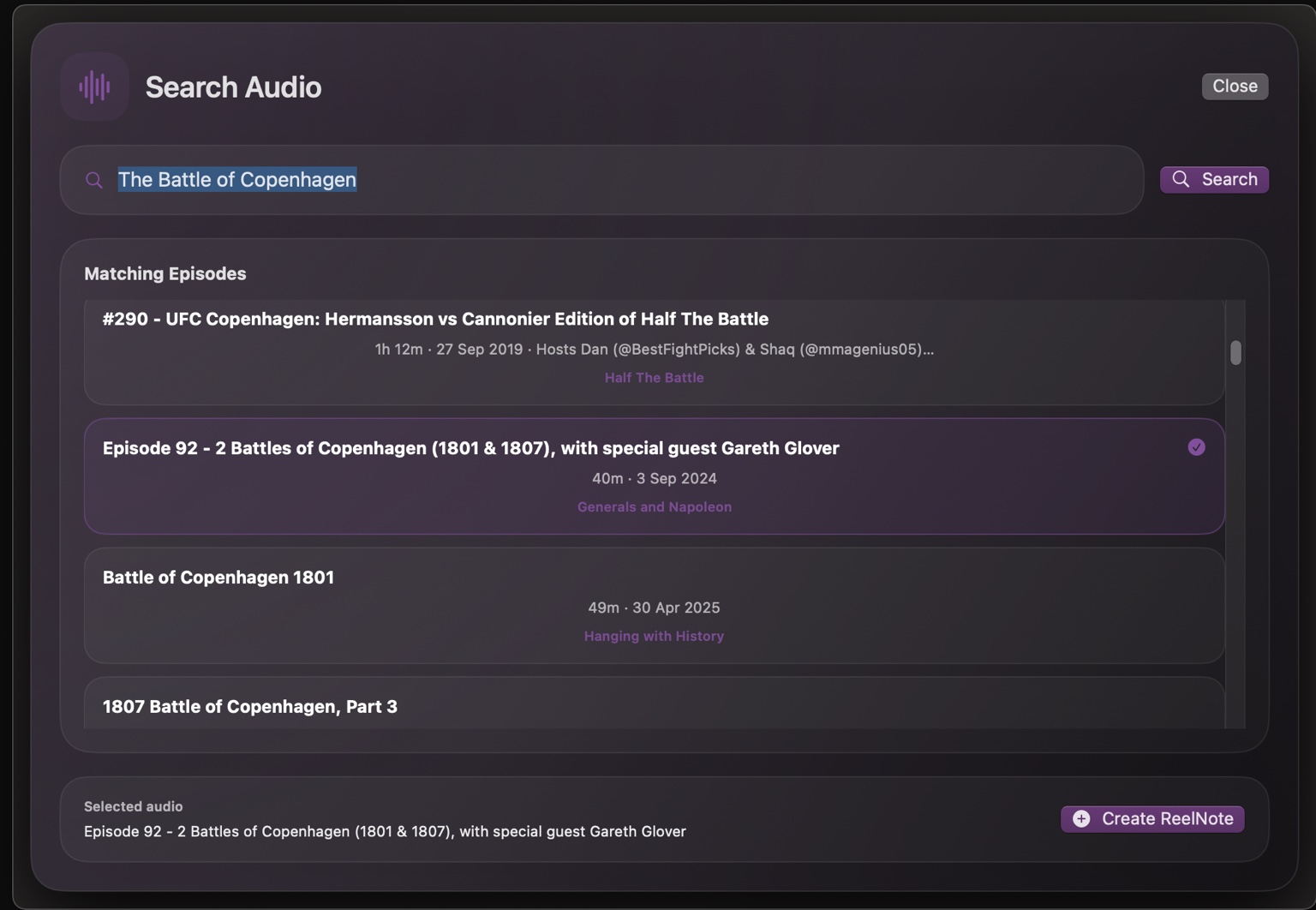 ReelNotes Audio library search showing matching podcast episodes