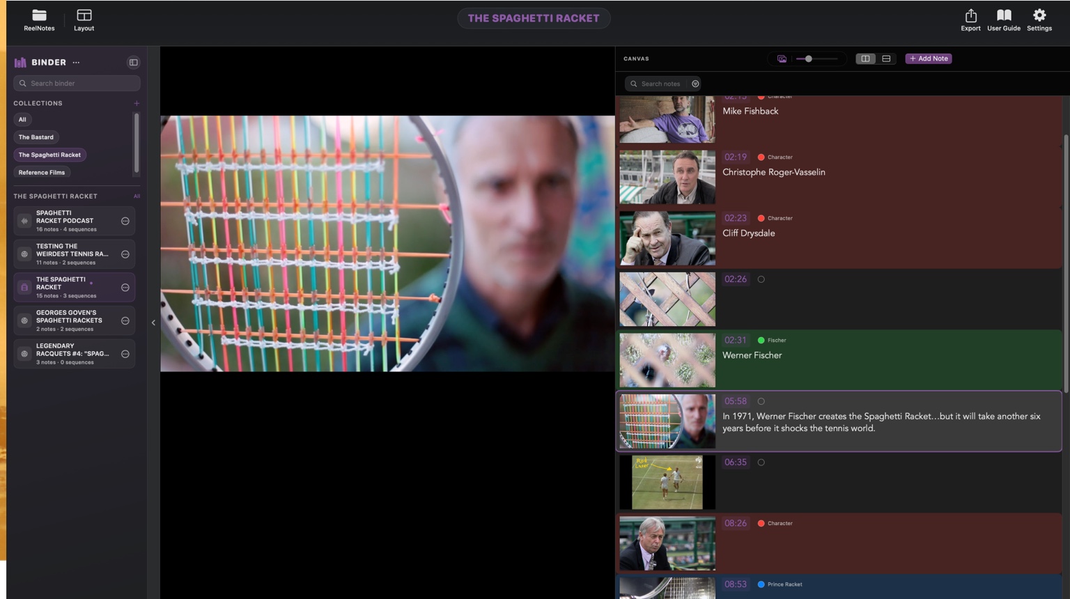 ReelNotes with the Binder side panel open beside the viewer and Canvas notes