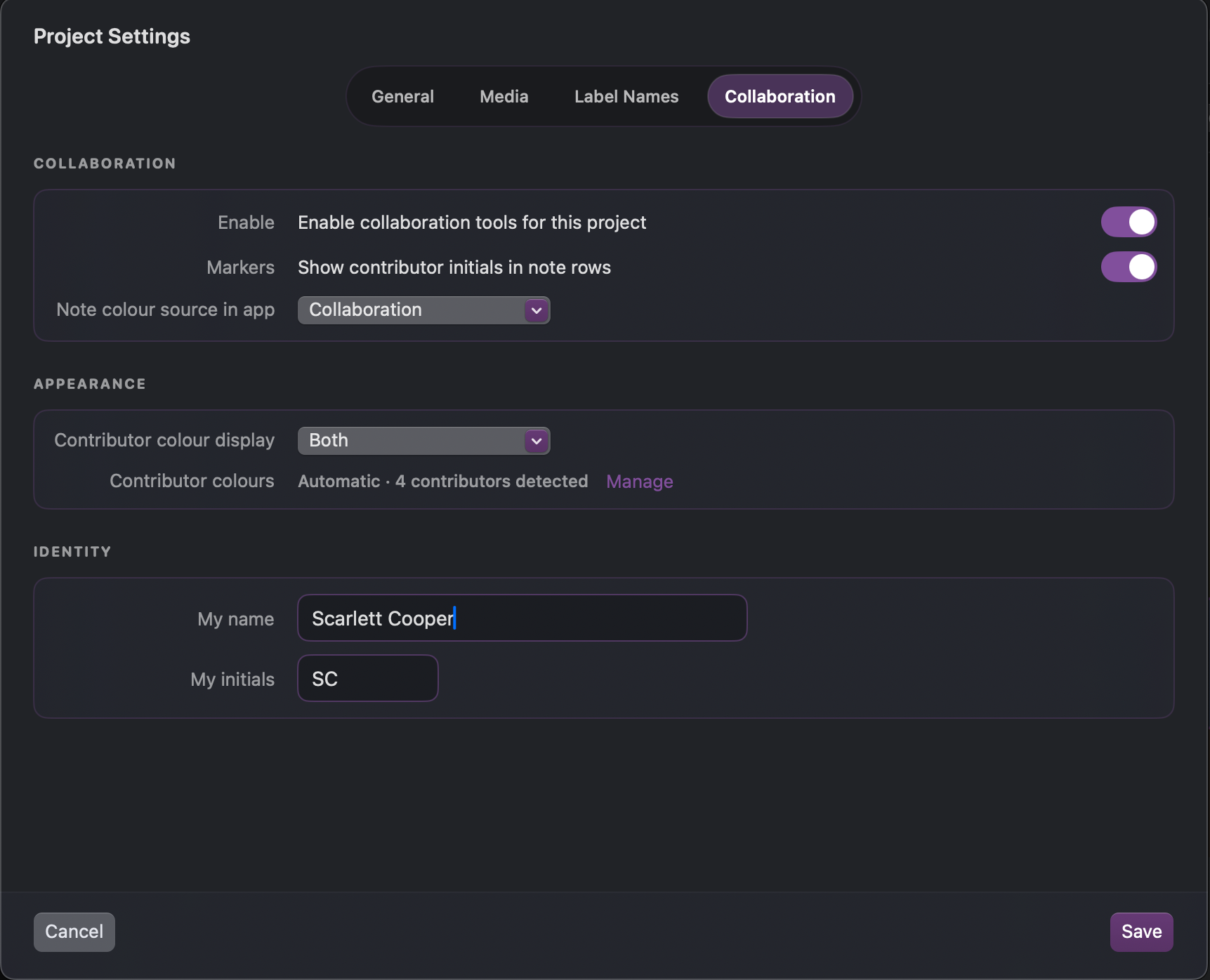 ReelNotes collaboration settings