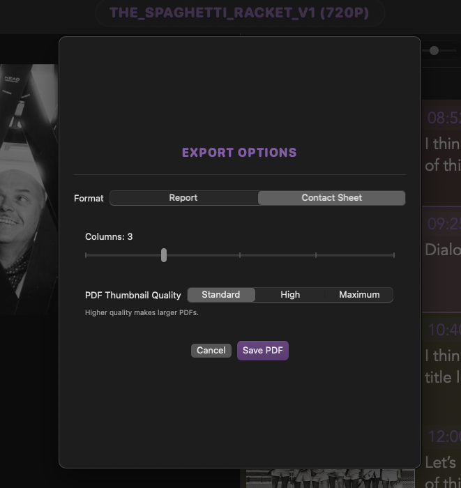 ReelNotes contact sheet export