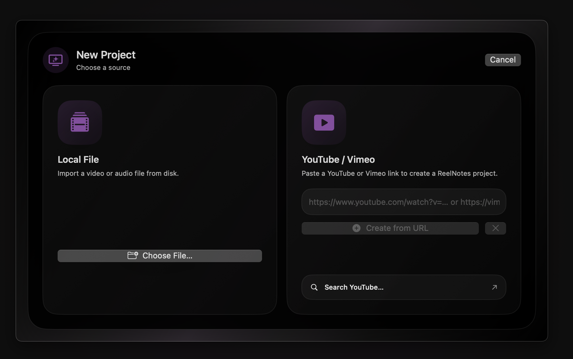 ReelNotes New Project screen with local files and online media