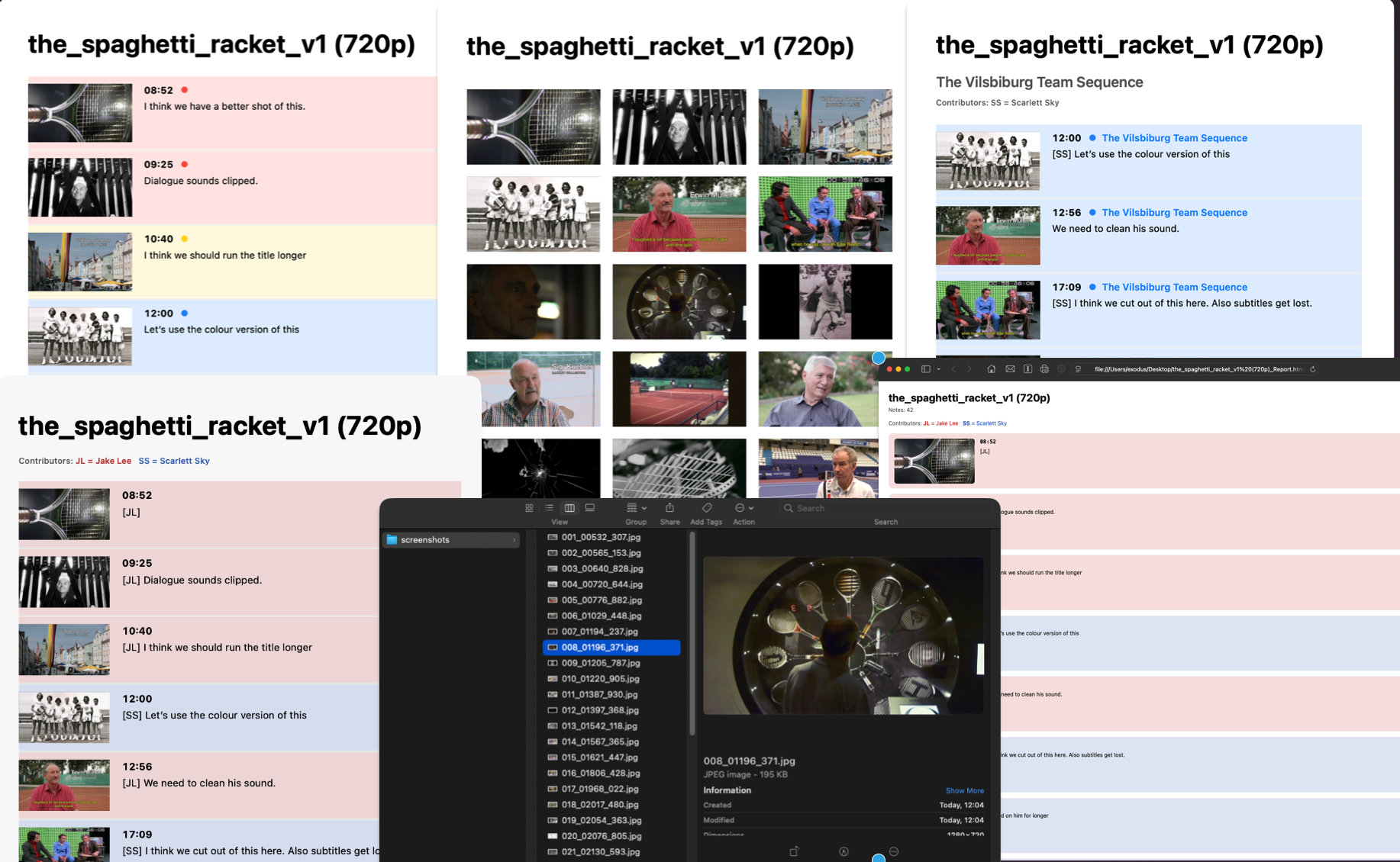 ReelNotes export overview including screenshots and print elements