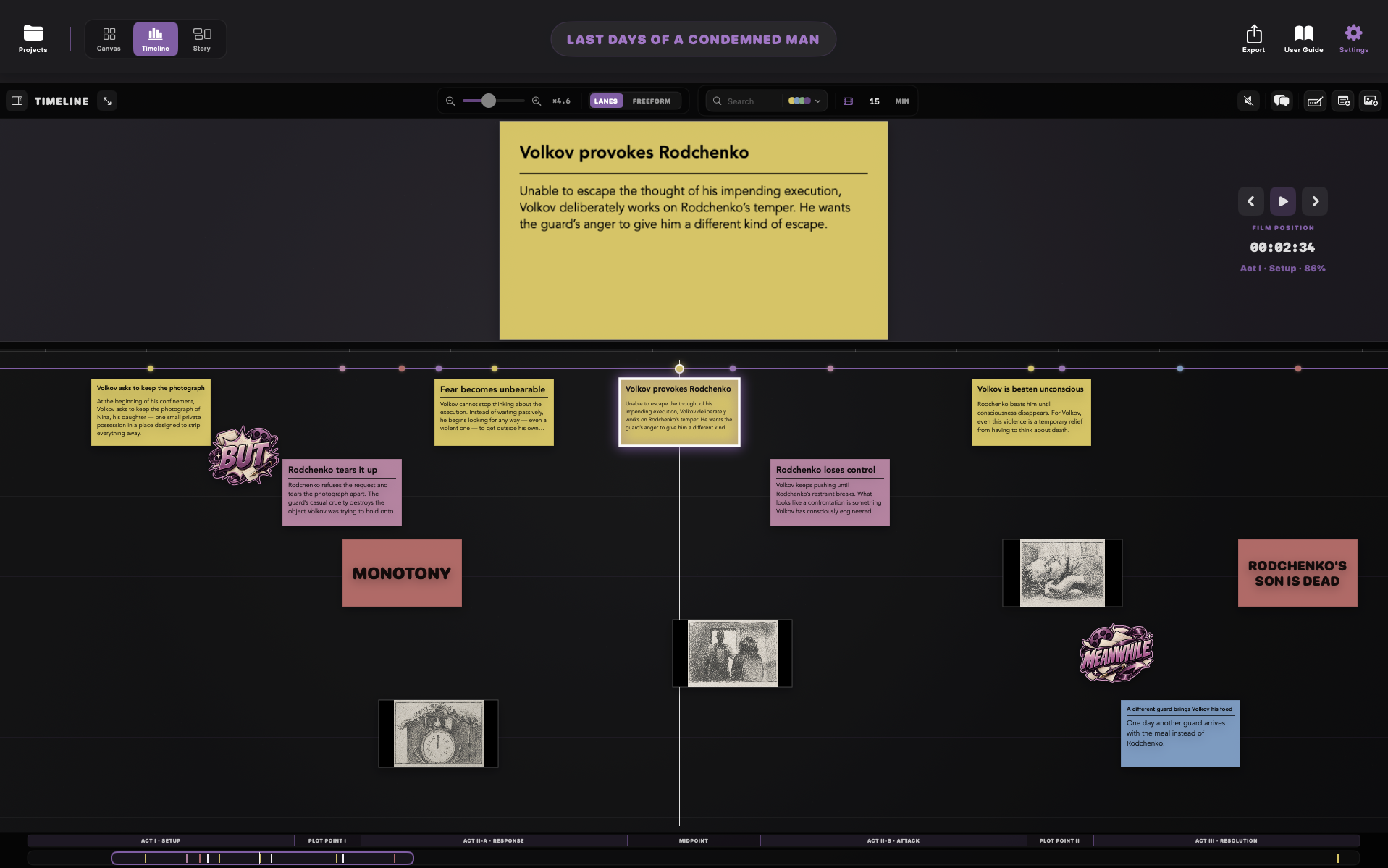 ReelWriter Timeline view showing a story arranged in time