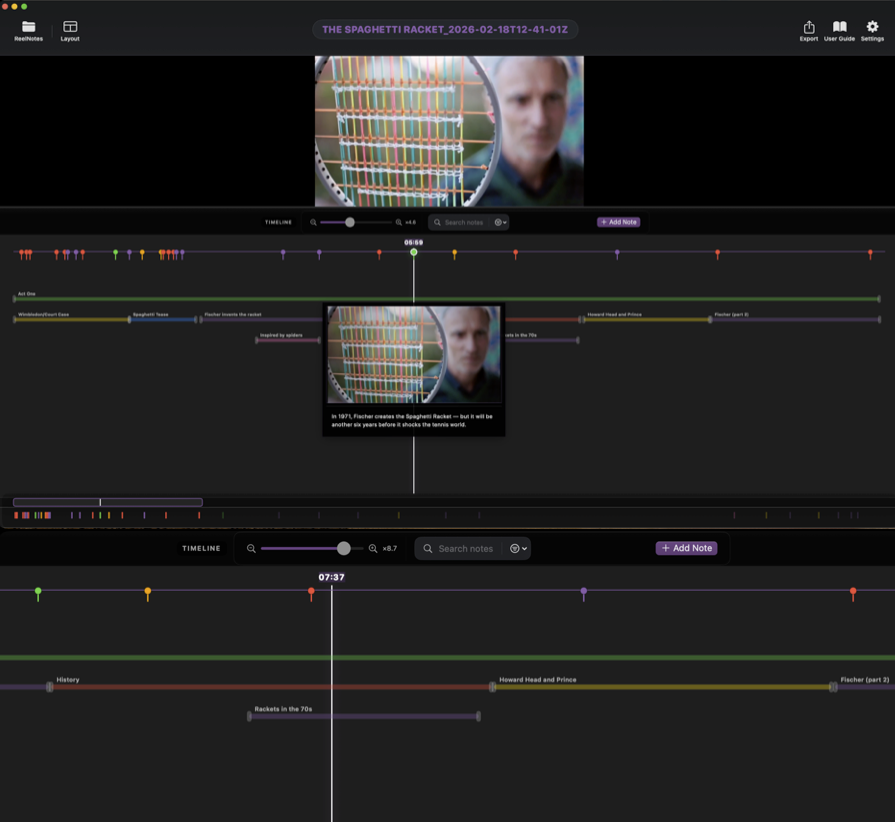 ReelNotes Timeline view with ranges and structural overview