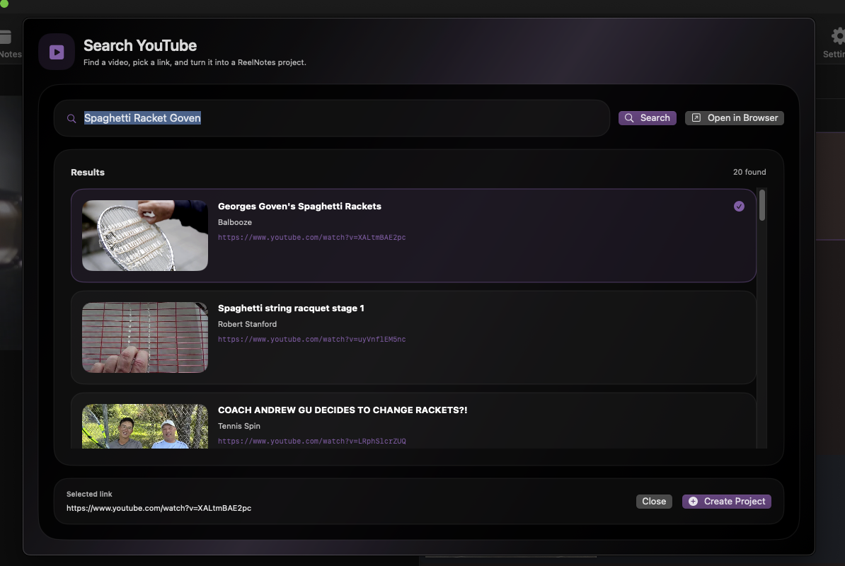 ReelNotes YouTube search results
